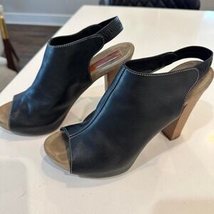 EGO Alberto Gozzi Women's 7.5 Black Leather Peep Toe Heels White Stitching